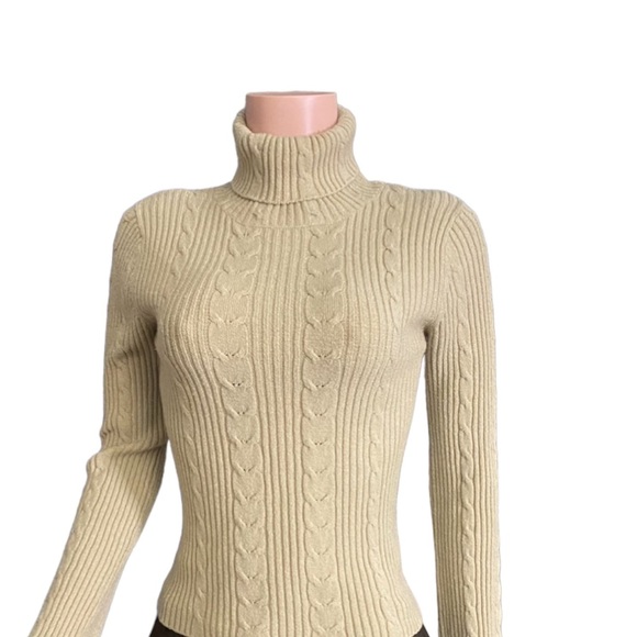 Turtleneck Sweater in Khaki Cable Knit Pattern with Slight Bell Sleeves - Picture 5 of 7